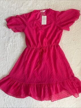 Girls' Fuchsia Swiss Dot Drawstring Waist Dress